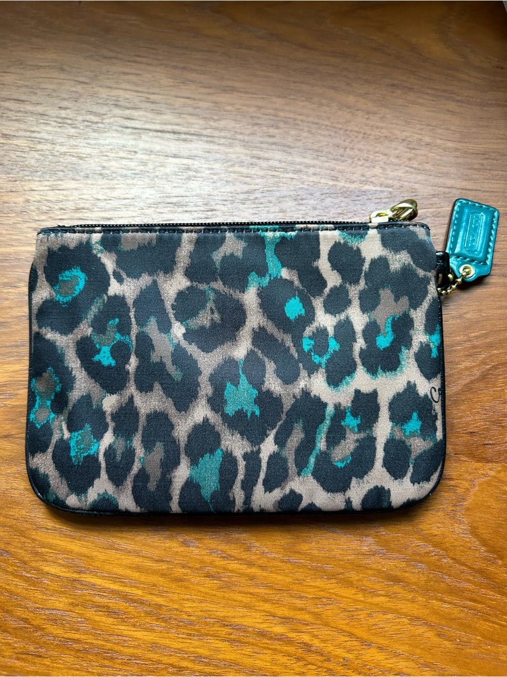COACH Ocelot Cheetah Print Wristlet Pouchette Teal Blue & Brown - Picture 4 of 4